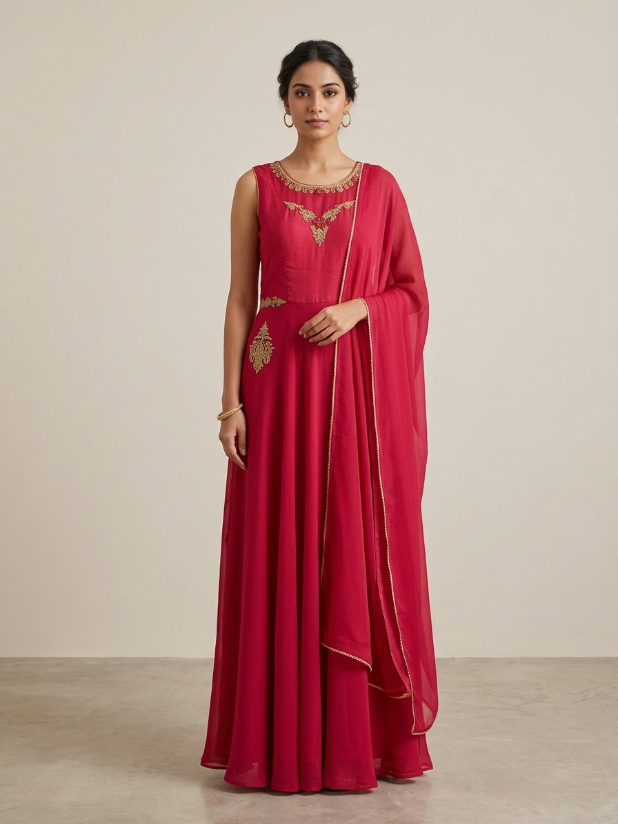 Woman in a red floor-length anarkali gown with gold embroidered neckline and matching dupatta