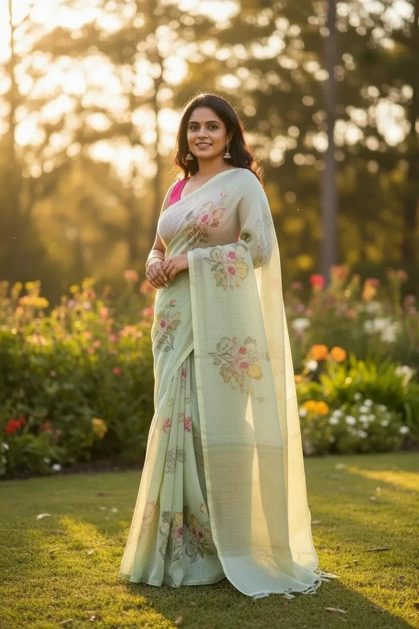 My Store Pista green kora linen saree with floral Pichwai artwork. Soft fabric, elegant drape. Model outdoors.