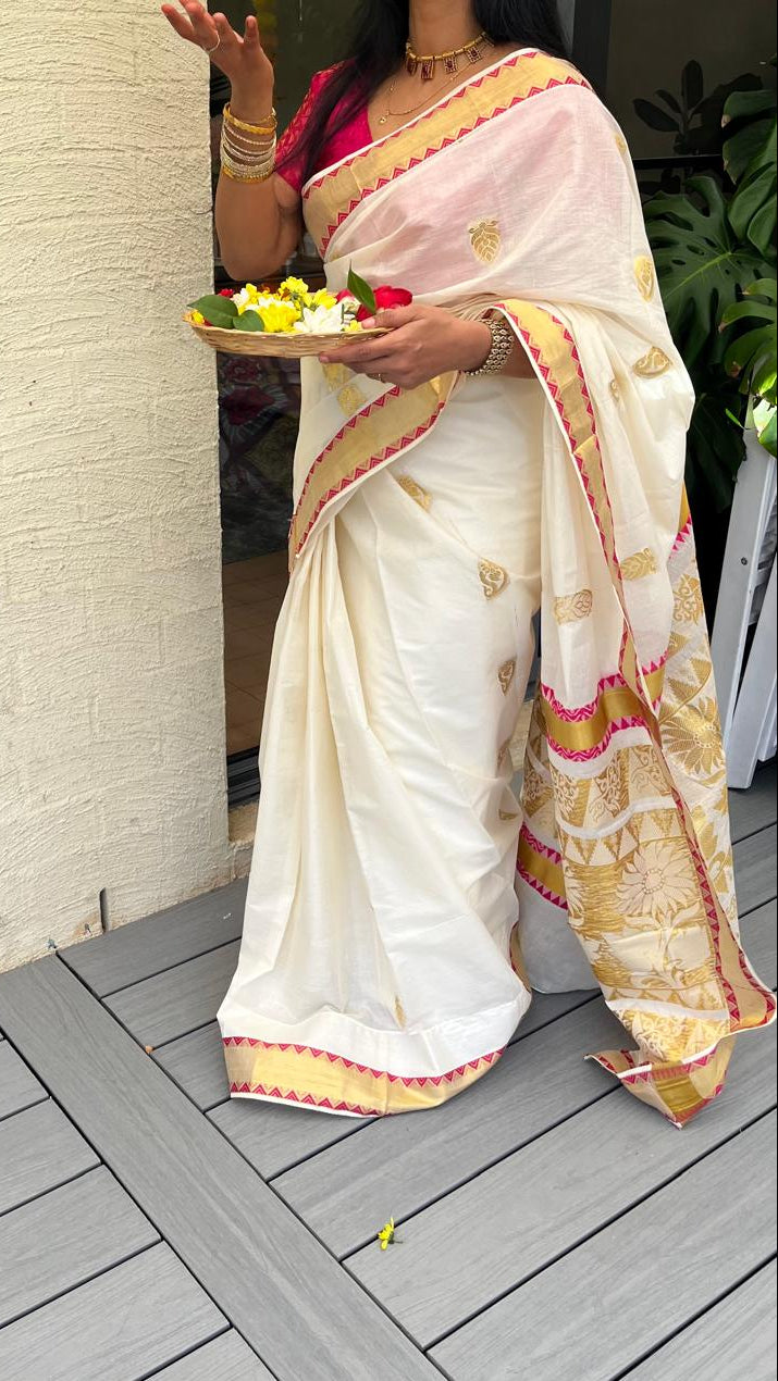 Kasavu Cotton Kerala Saree with Pink Temple Border | Traditional Gold Border | Rang