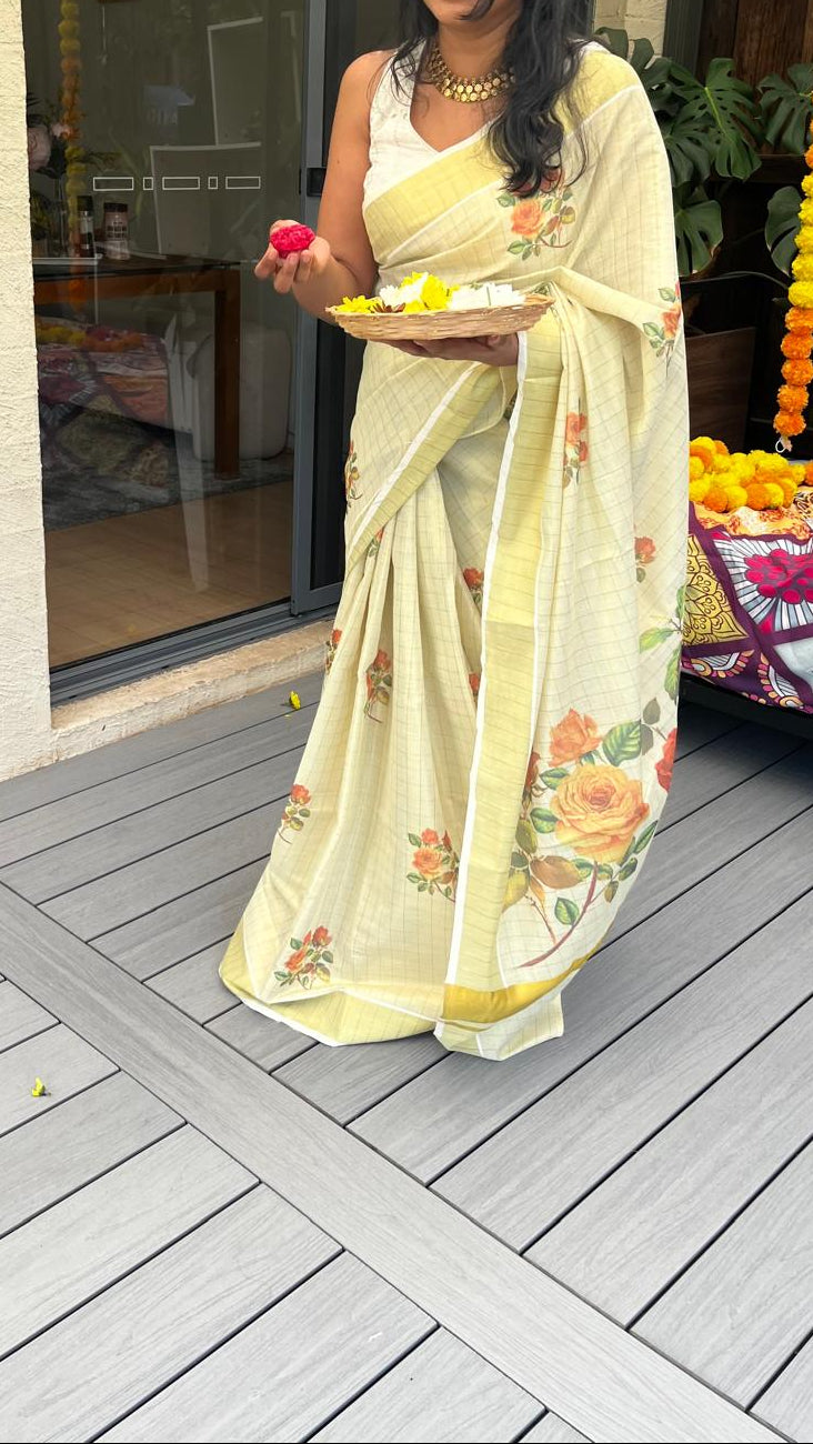 Tissue Silk Floral Saree | Traditional Gold Border | Rang
