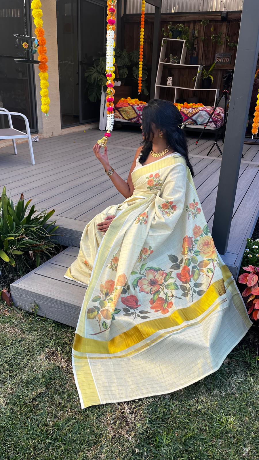 Tissue Silk Floral Saree | Traditional Gold Border | Rang