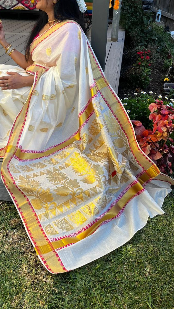 Kasavu Cotton Kerala Saree with Pink Temple Border | Traditional Gold Border | Rang
