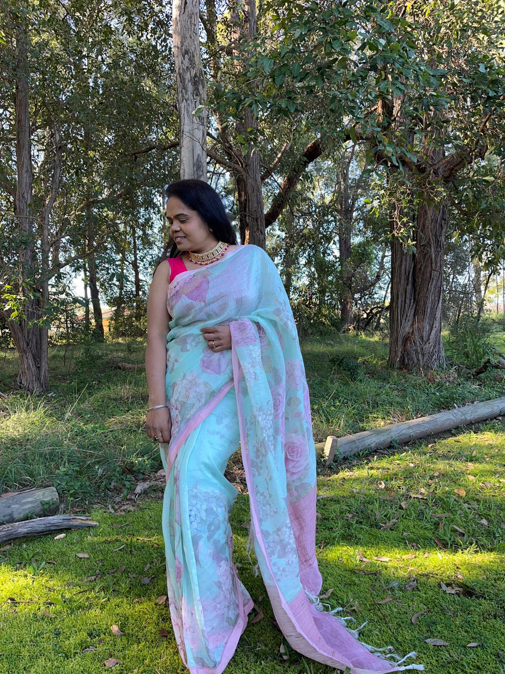 Pastel blue and pink Kora Linen Saree with Pichwai Artwork