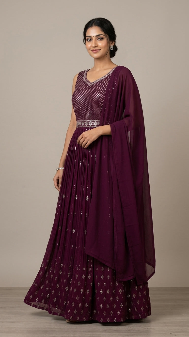 Woman in a wine purple floor-length anarkali suit with silver sequin bodice and matching embroidered dupatta